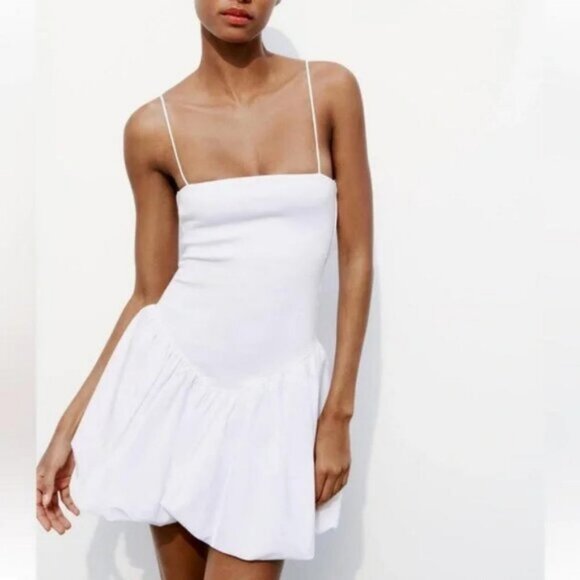 ZARA MIXED RIB POPLIN BALLOON DRESS - Picture 2 of 8